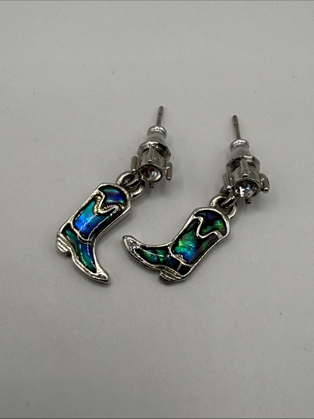 Vintage Silver Tone Abalone Cowboy Cowgirl Boots Dangle Drop Statement Earrings